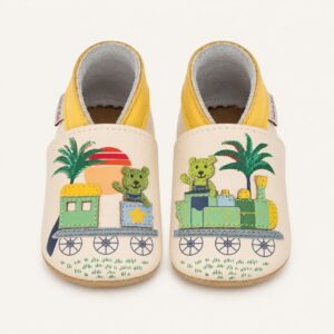 Chaussons bébé cuir souple – Lait et Miel "Train"
